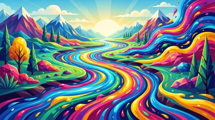 Fototapeta premium Colorful river flowing through vibrant stylized mountain landscape