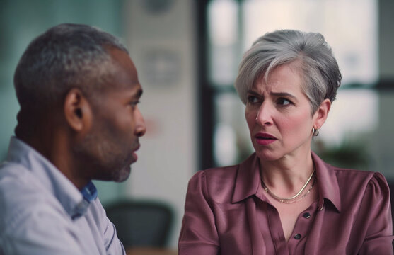 Workplace anxiety, distrust at work and uncomfortable office conversation concept with worried scared businesswoman and colleague