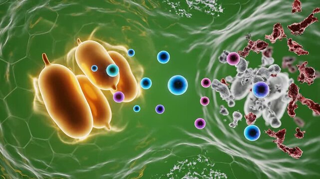 Cellular Interactions: Digital Illustration of Bacteria and Immune Cells Against a Green Background