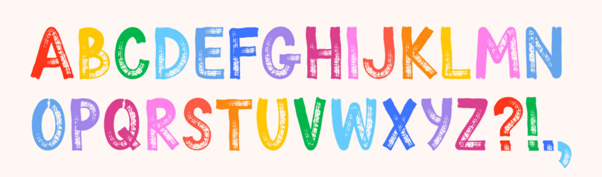 Colorful marker alphabet with hand drawn uppercase letters. Bright playful font with smooth strokes and bold shapes. Vector typography on light background.