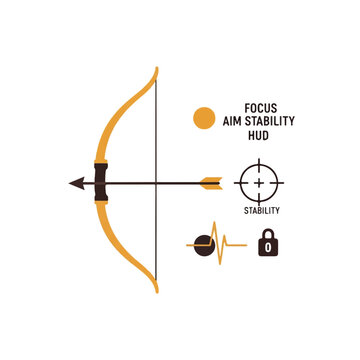 A minimalist flat vector illustration of a longbow and arrow with a focus and aim stability HUD. Faded ochre and dark brown color palette. Solid circles and crosshairs representing heart rate