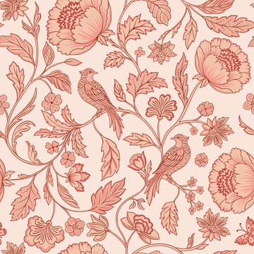 Chintz Revival Botanical Blooming Flowers and Songbirds Vintage Vector Seamless Pattern in Pastel Pink Peach Timeless Decorative Floral Print for Wallpaper, Fabric Textile or Home Design