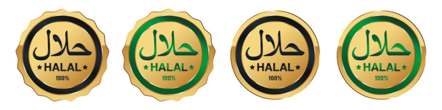Golden halal badge set with Arabic calligraphy and seal design. Premium certification labels for food packaging and branding. Vector illustration.