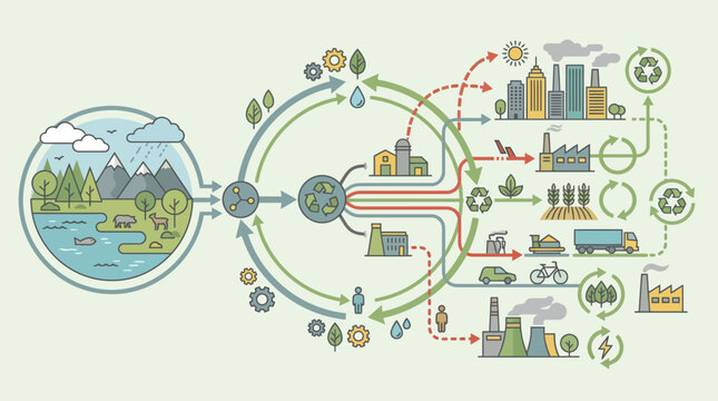 Comprehensive eco-business infographic showcasing a smart sustainability strategy for a circular economy, optimizing environmental impact and resource management