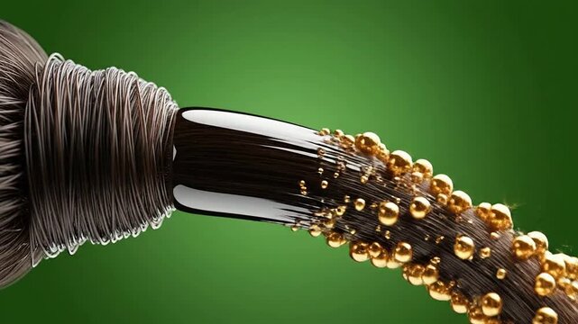 Close-Up Of A Flexible Metal Cable With Gold Droplets Splashing Against A Green Background Creating An Industrial And Technological Visual Theme