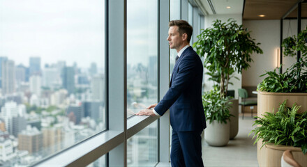 Fototapeta premium Business Executive Looking Through Office Window as Corporate Leadership and Success Concept 