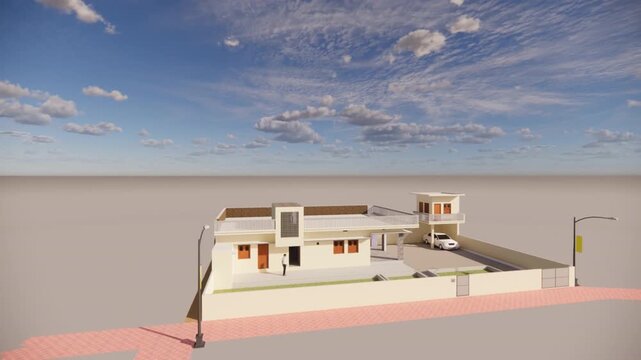 A 3D rendering of a modern house with a brown roof and orange windows, situated on a pink surface with a blue sky and clouds in the background.