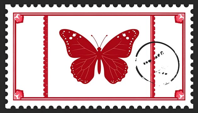 A postage stamp design showcasing a solid red butterfly with detailed wings against a white background, framed in red
