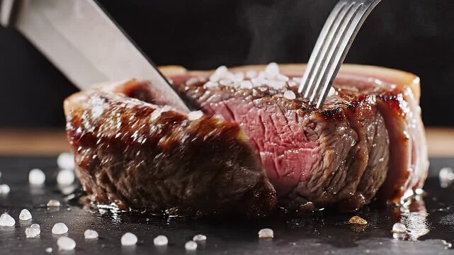 Cinematic 4K close-up of a sharp knife slicing juicy medium-rare Brazilian Picanha steak, traditional BBQ, coarse salt, moody lighting, minimalist food aesthetic.