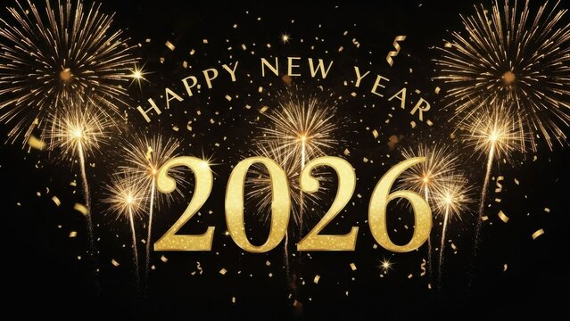New Year 2026 celebration with golden fireworks and glowing text on dark background