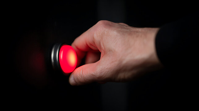A close-up shot of a human hand press a bright red, illuminated button on a dark background, signifying alert, danger, or activation