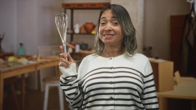 Middle age hispanic woman holds a whisk up in right hand, smiling and speaking in a kitchen studio while wearing a striped sweater; home cooking joy.