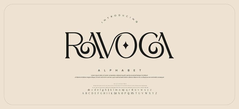 RAVOCA Elegant wedding logo alphabet letters font. Typography luxury classic lettering serif fonts decorative vintage retro logos and number. vector illustration