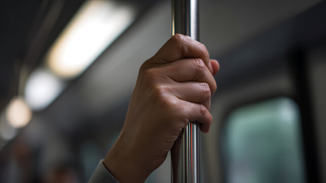 Close-up of a person's hand firmly grip a metal pole for stability inside a moving public transport vehicle, evoking comfort and safety