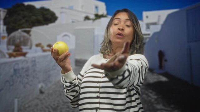 Hispanic middle age woman points finger at camera while holding lemon on a whitewashed street with blue sky; assertive invitation.
