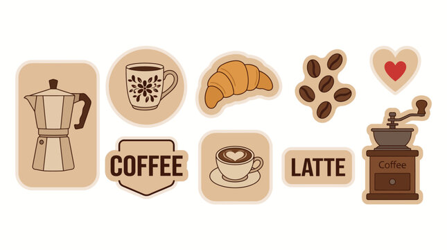 Coffee shop icons set featuring latte, croissant, coffee beans, grinder, moka pot and pastry illustrations for branding