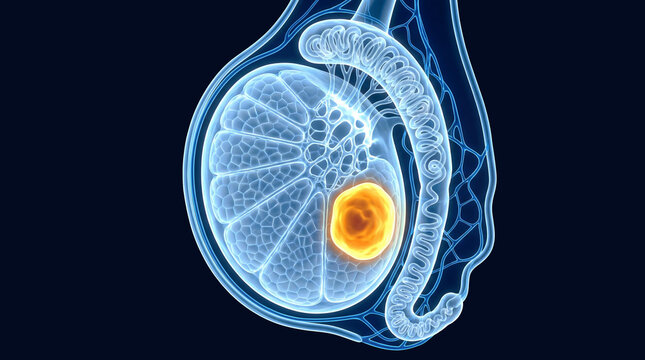 3D rendering of a human testis with an illuminated orange tumor visible through translucent blue X-ray vision on a dark background