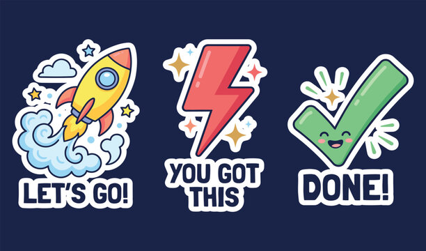 Motivational sticker set featuring rocket ship lightning bolt and check mark transparent png