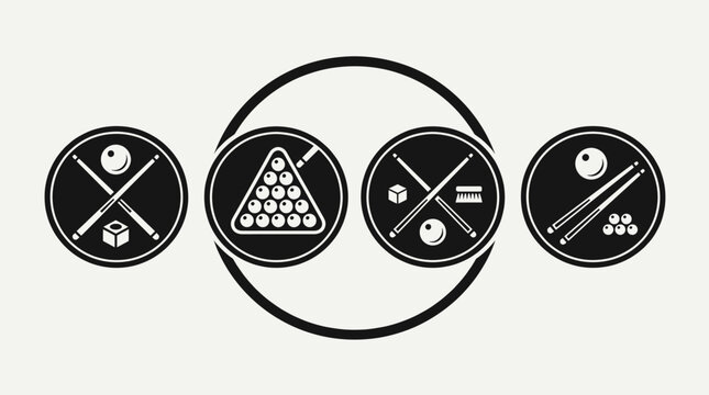 Circular Billiards Game Elements Icons Set, Featuring Cues, Balls, and Table on Light Grey Background
