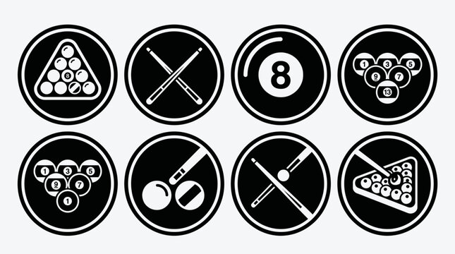 Extensive Circular Billiards and Pool Game Icons Set, Including Cues, Eight Ball, and Racks on Light Grey Background