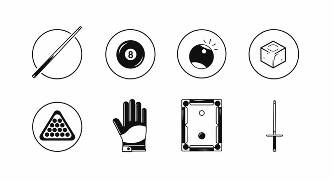 Set of Billiard and Pool Game Icons, Featuring Cues, Balls, Table, and Accessories on Isolated White Background