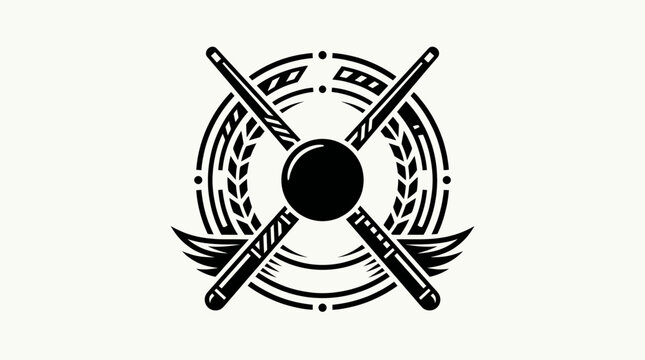Stylized Billiards Emblem with Crossed Cues, Ball, and Laurel Wreath, in Bright Studio