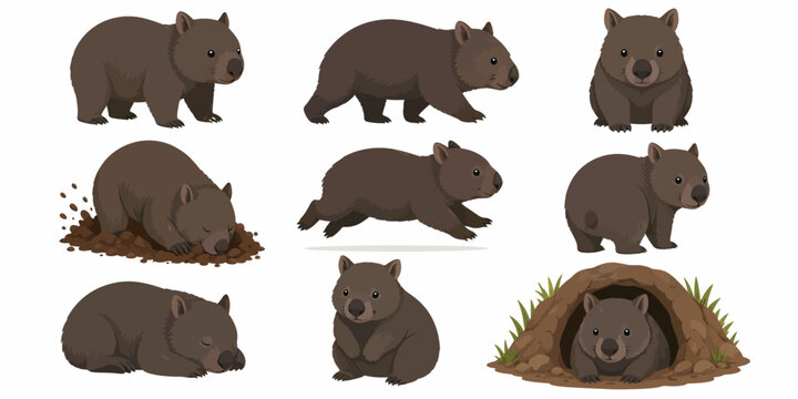 Several brown wombats are seen in different positions and activities in a natural setting with grass and earth.