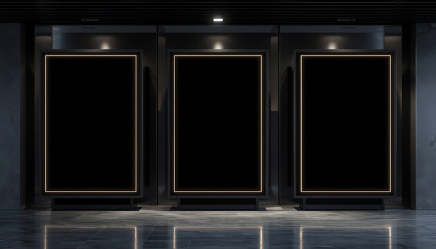 Three movie poster frames along the walkway isolated on white background 