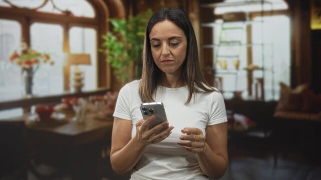 Woman holding smartphone with both hands and looking at the screen inside a building cafe dining room; quiet concern.