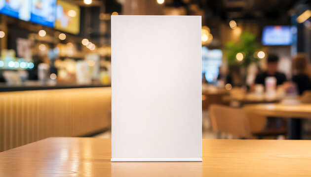 Empty brown wooden table and Coffee shop interior with Mock up Menu frame in Bar restaurant ,Stand for booklets with white sheets of paper acrylic tent card on cafeteria blurred background