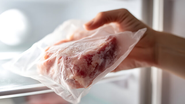 Human hand retrieve frozen raw meat in a clear vacuum seal bag from a cold refrigerator or freezer shelf in a kitchen, concept of food preservation