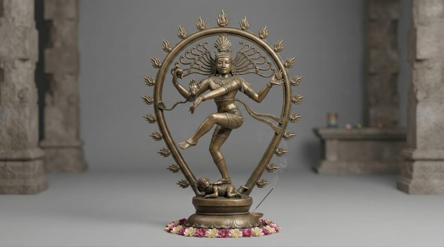 Nataraja statue of shiva performing the cosmic tandava, standing on apasmara within a ring of fire, bronze sculpture evoking creation, destruction, devotion and sacred hindu iconography