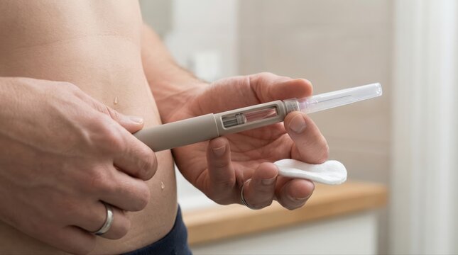Man administering subcutaneous insulin injection into abdomen with pen for diabetes self care, monitoring blood sugar and managing chronic condition at home, close up of hand and needle