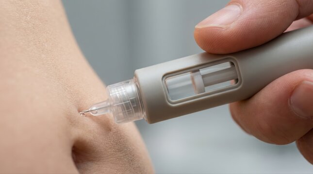 Patient receiving a subcutaneous injection of insulin with a grey medical pen, providing self care and managing diabetes with daily medication for effective treatment