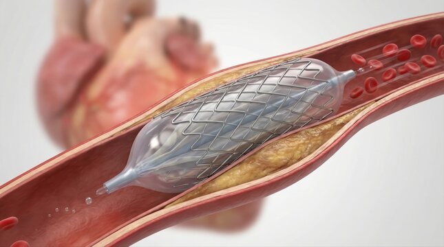 Medical procedure showing a balloon catheter expanding a coronary stent inside an artery to open a vessel narrowed by atherosclerotic plaque, restoring blood flow