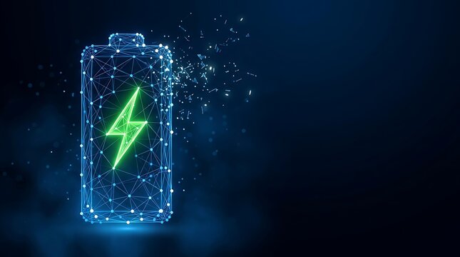 Baterai Digital Isi Daya Penuh dengan Simbol Petir Hijau Neon Bersinar, Teknologi Energi Terbarukan Konsep Digital