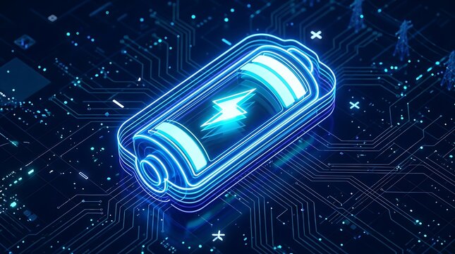 Baterai Energi Elektronik Bercahaya Biru di Papan Sirkuit Digital, Konsep Daya dan Teknologi
