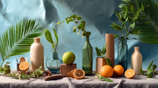 Botanical Still Life with Citrus and Glass Vases
