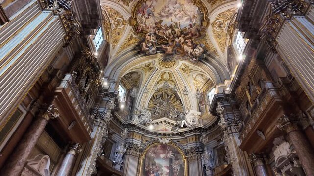 Cinematic Slow Motion Reveal Of The Grand Painted Ceiling In Santi XII Apostoli Rome