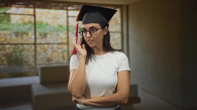 Woman in graduation cap touches cheek with hand in building, wearing glasses and white tee; contemplation achievement.