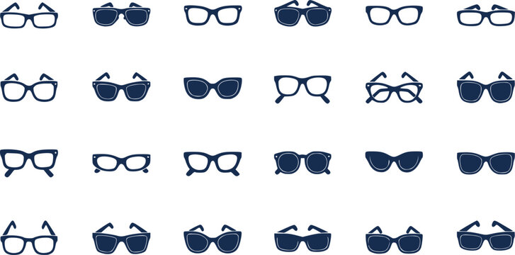 Sunglasses and Glasses Model Icons Vector Silhouette Set: Modern Eyewear Frames and Fashion Optics Graphics on White Background