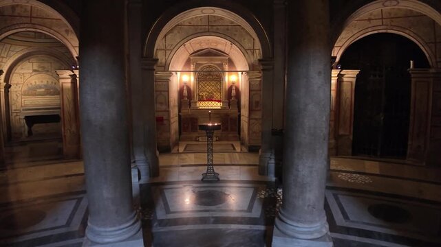 Cinematic slow motion view of the historic crypt in the Basilica of the Twelve Apostles Rome