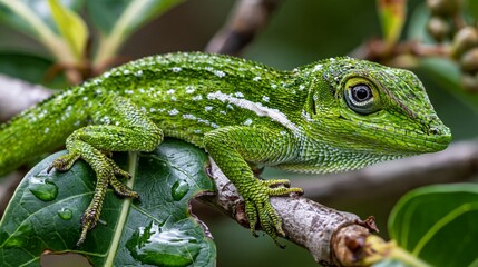 Fototapeta premium bright green cuban anole resting on branch in realistic wildlife photography