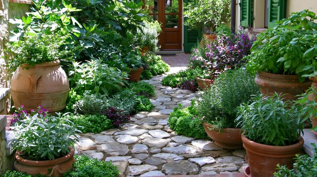 lush tuscan courtyard garden with terracotta pots and mediterranean greenery