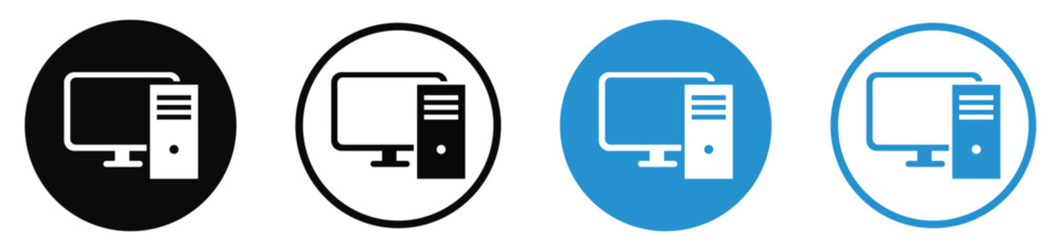 Personal computer workstation icon set. Displays a desktop monitor with a CPU tower representing personal computing, office hardware, and IT systems. Minimalist flat vector design.