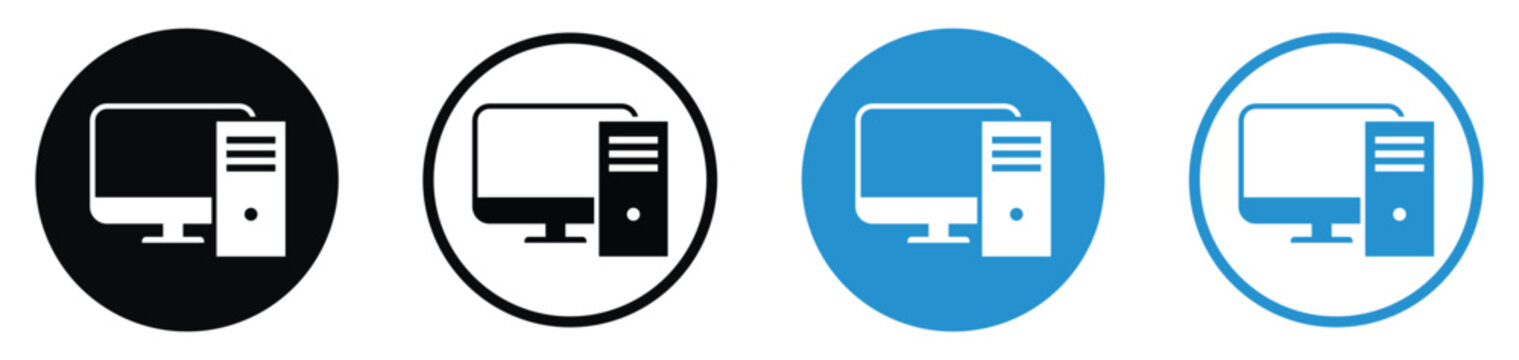 Personal computer workstation icon set. Displays a desktop monitor with a CPU tower representing personal computing, office hardware, and IT systems. Minimalist flat vector design.