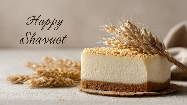 Happy Shavuot greeting card with cheesecake slice and golden wheat sprigs on soft neutral background
