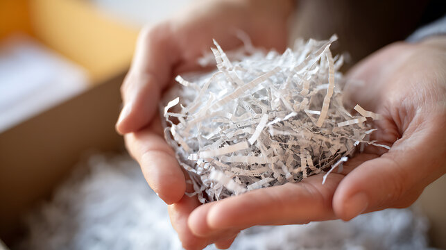 Hands hold shredded paper, symbolizing secure document destruction, paper recycling, or protective packaging for delicate items in a neutral setting