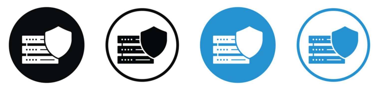Data security and server protection icon set. Features a database tower shielded for cyber security, cloud safety, and information privacy. Flat vector design in blue and black variants.