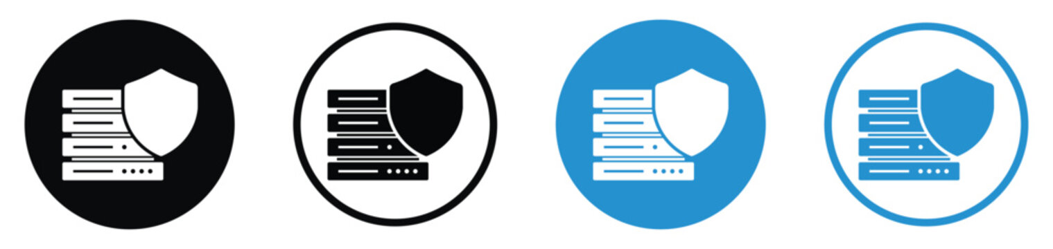 Data security and server protection icon set. Features a database tower shielded for cyber security, cloud safety, and information privacy. Flat vector design in blue and black variants.